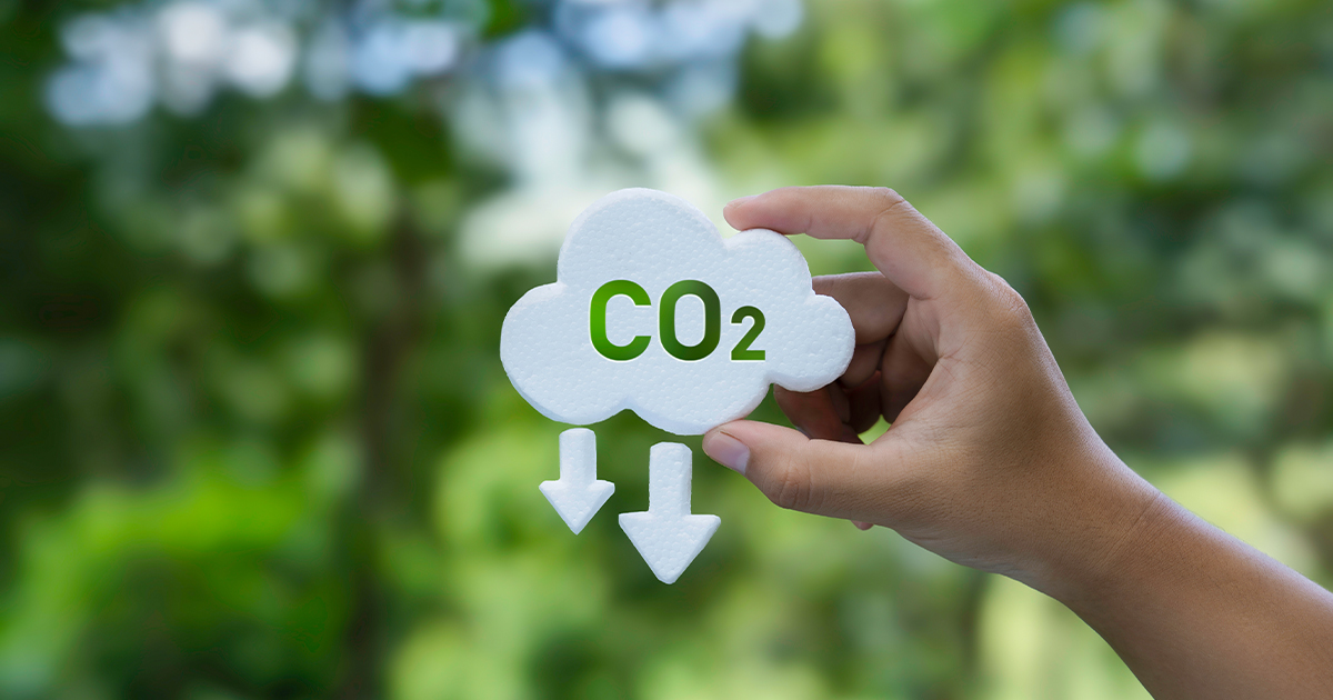 Une main tient une icône en forme de nuage avec « CO2 » et deux flèches vers le bas sur un fond vert flou, symbolisant la réduction des émissions de dioxyde de carbone.